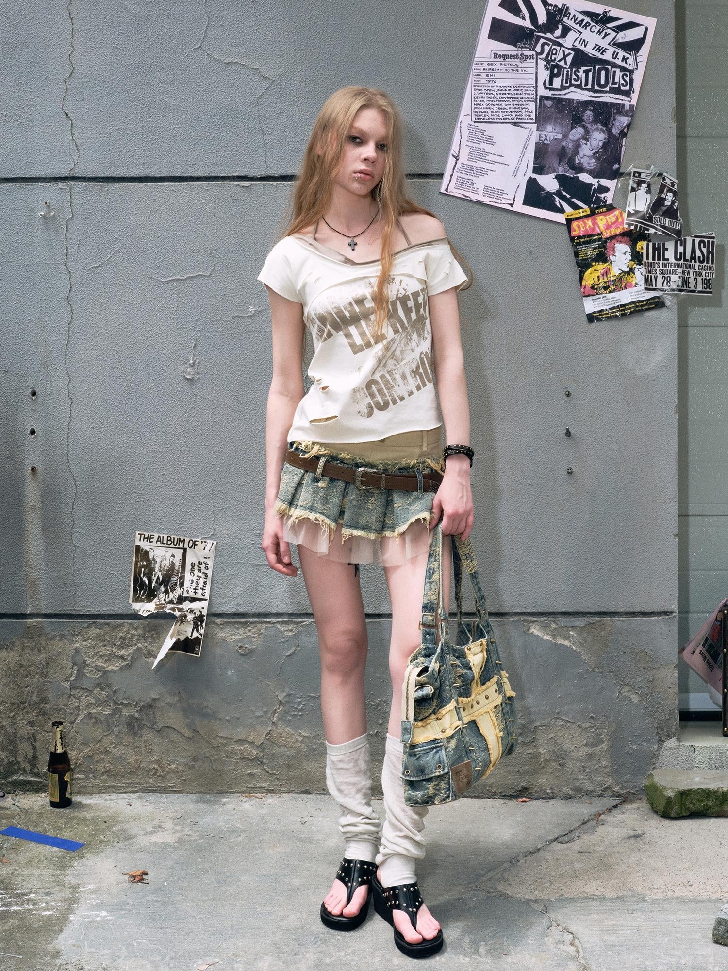 c Escape To Club Denim Mesh Pleated Skirt