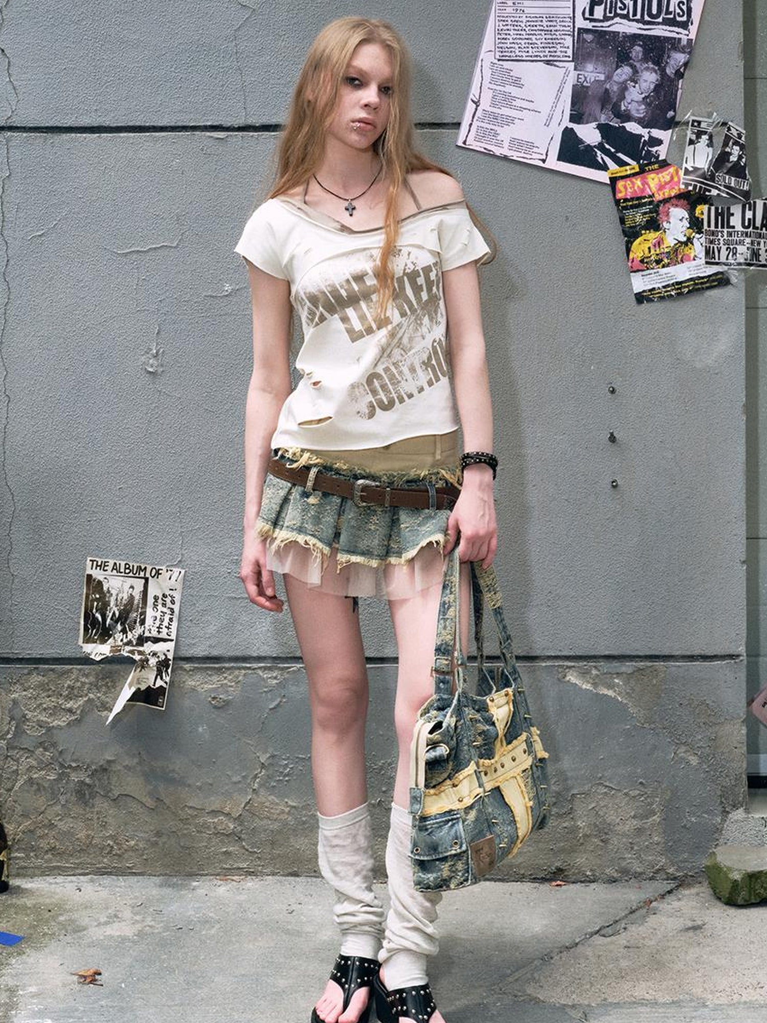 c Escape To Club Denim Mesh Pleated Skirt