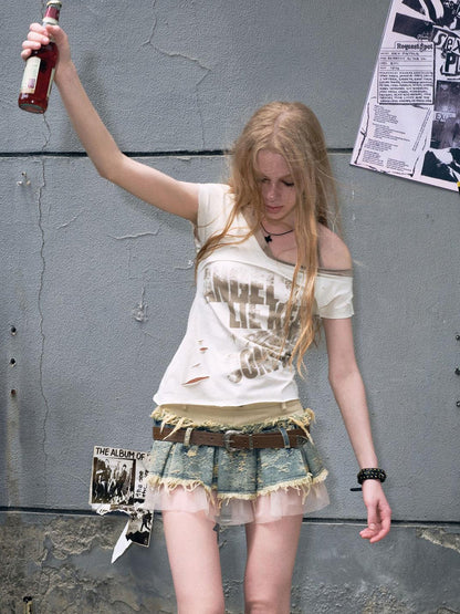 c Escape To Club Denim Mesh Pleated Skirt