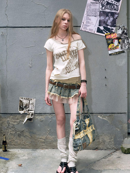 c Escape To Club Denim Mesh Pleated Skirt