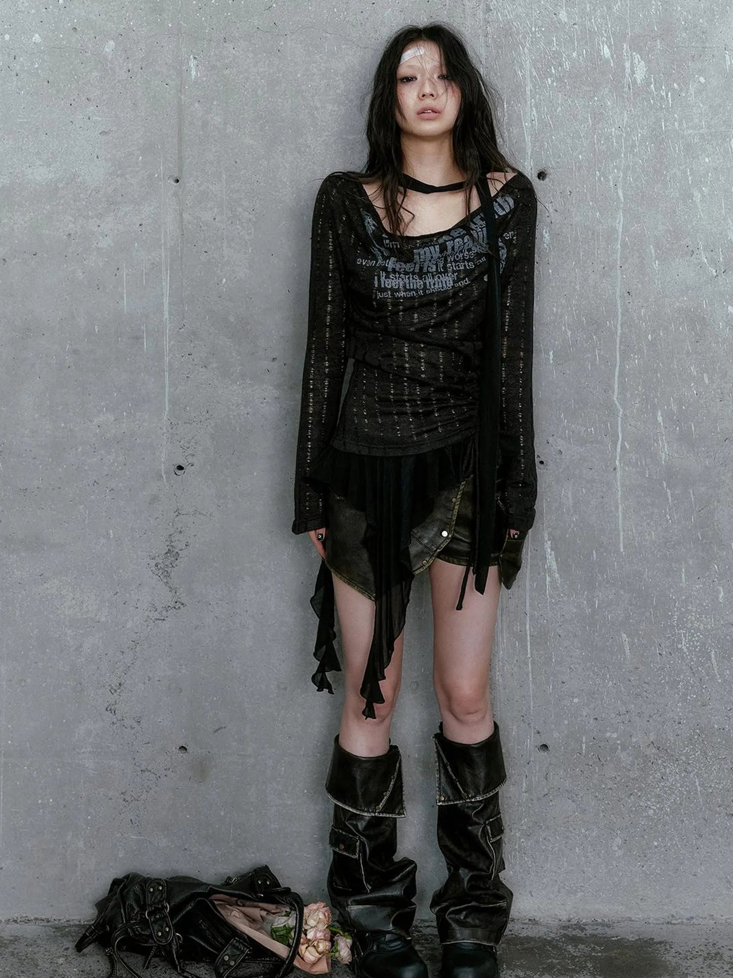 Graffiti Swing Collar Peplum Print Knit Top