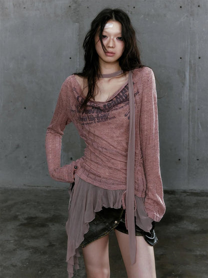 Graffiti Swing Collar Peplum Print Knit Top