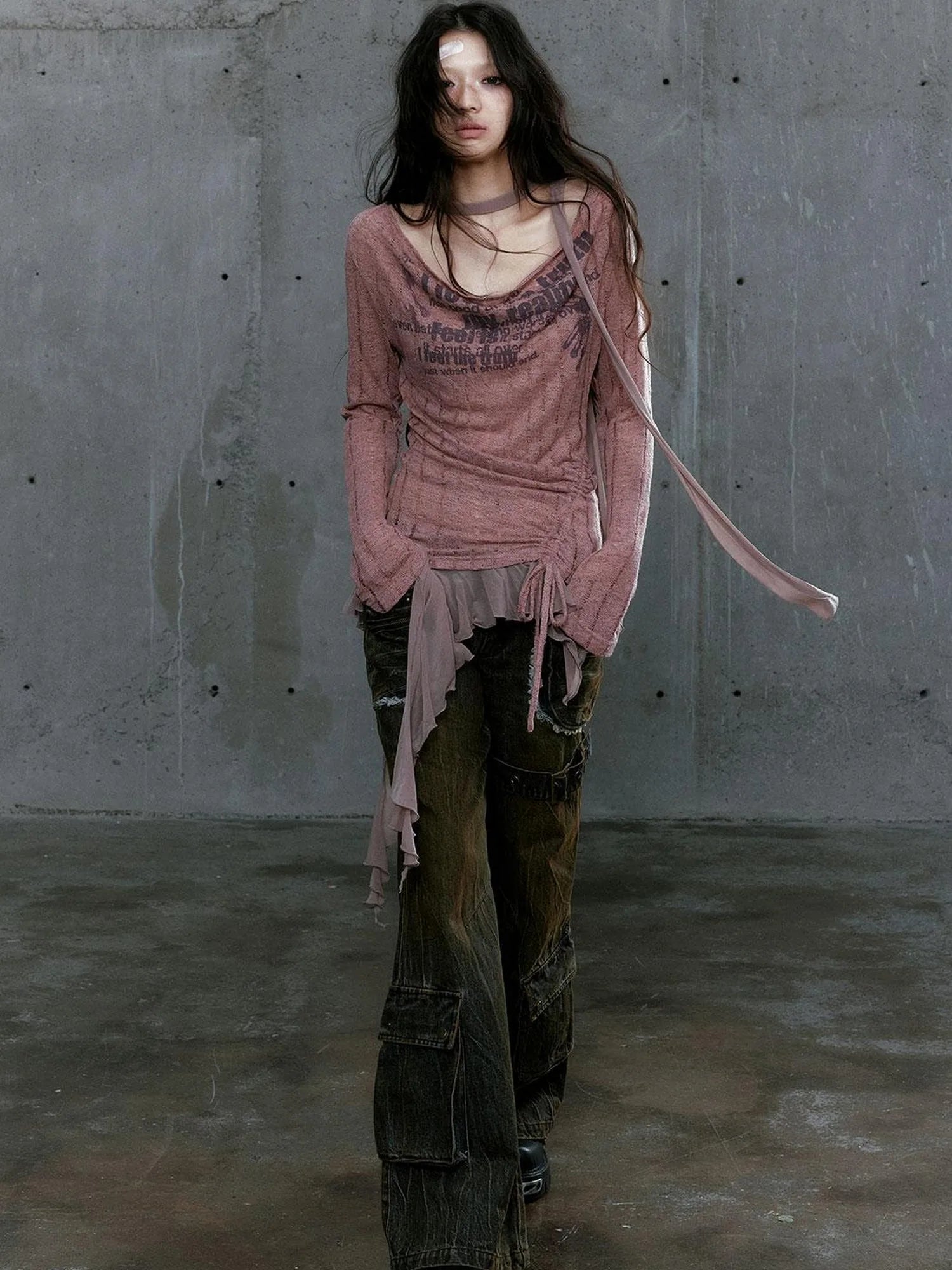 Graffiti Swing Collar Peplum Print Knit Top