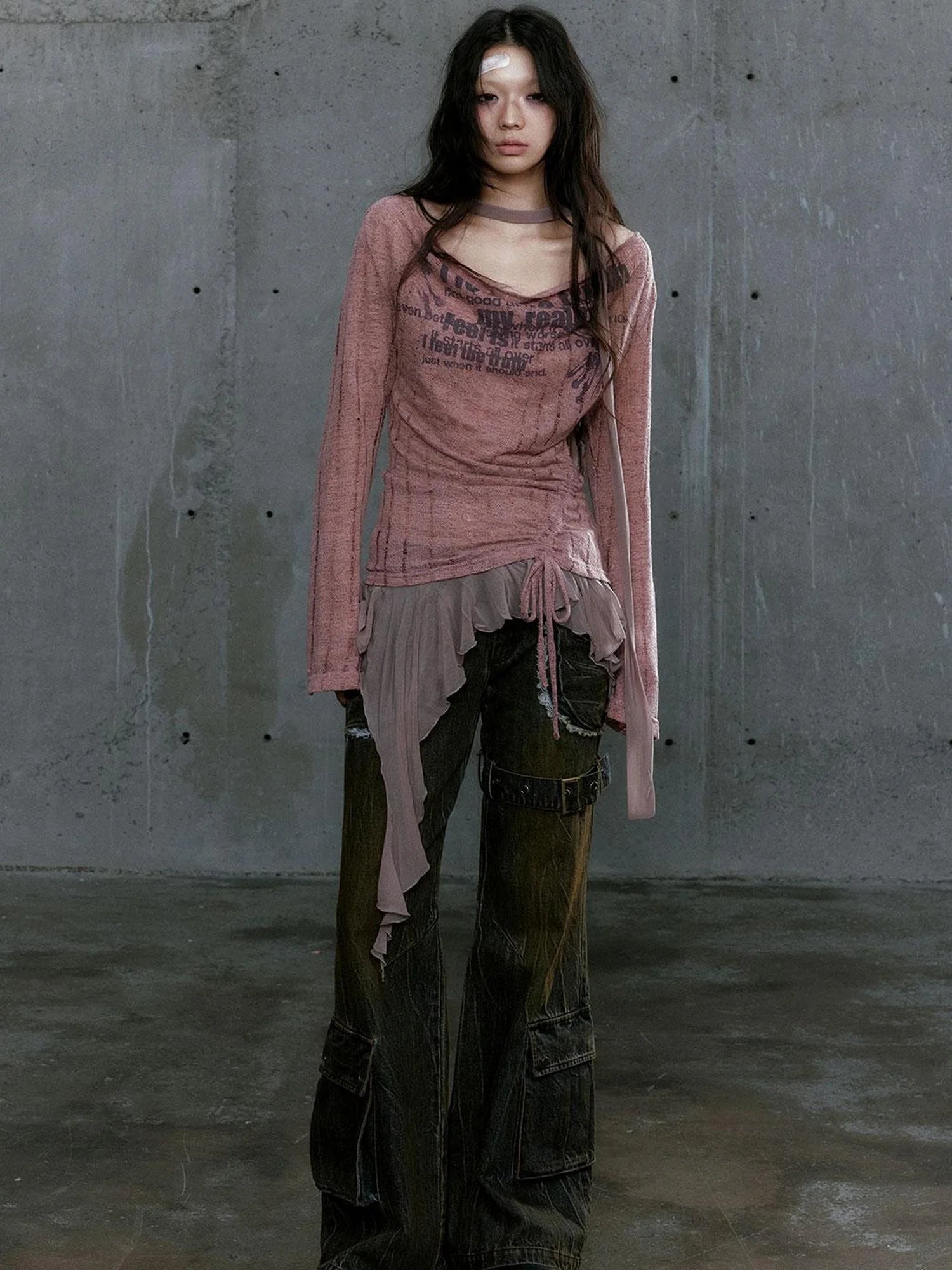 Graffiti Swing Collar Peplum Print Knit Top