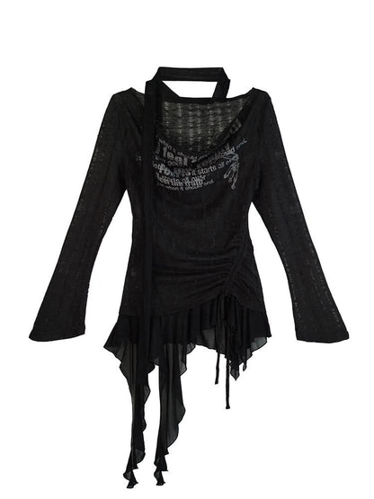 Graffiti Swing Collar Peplum Print Knit Top