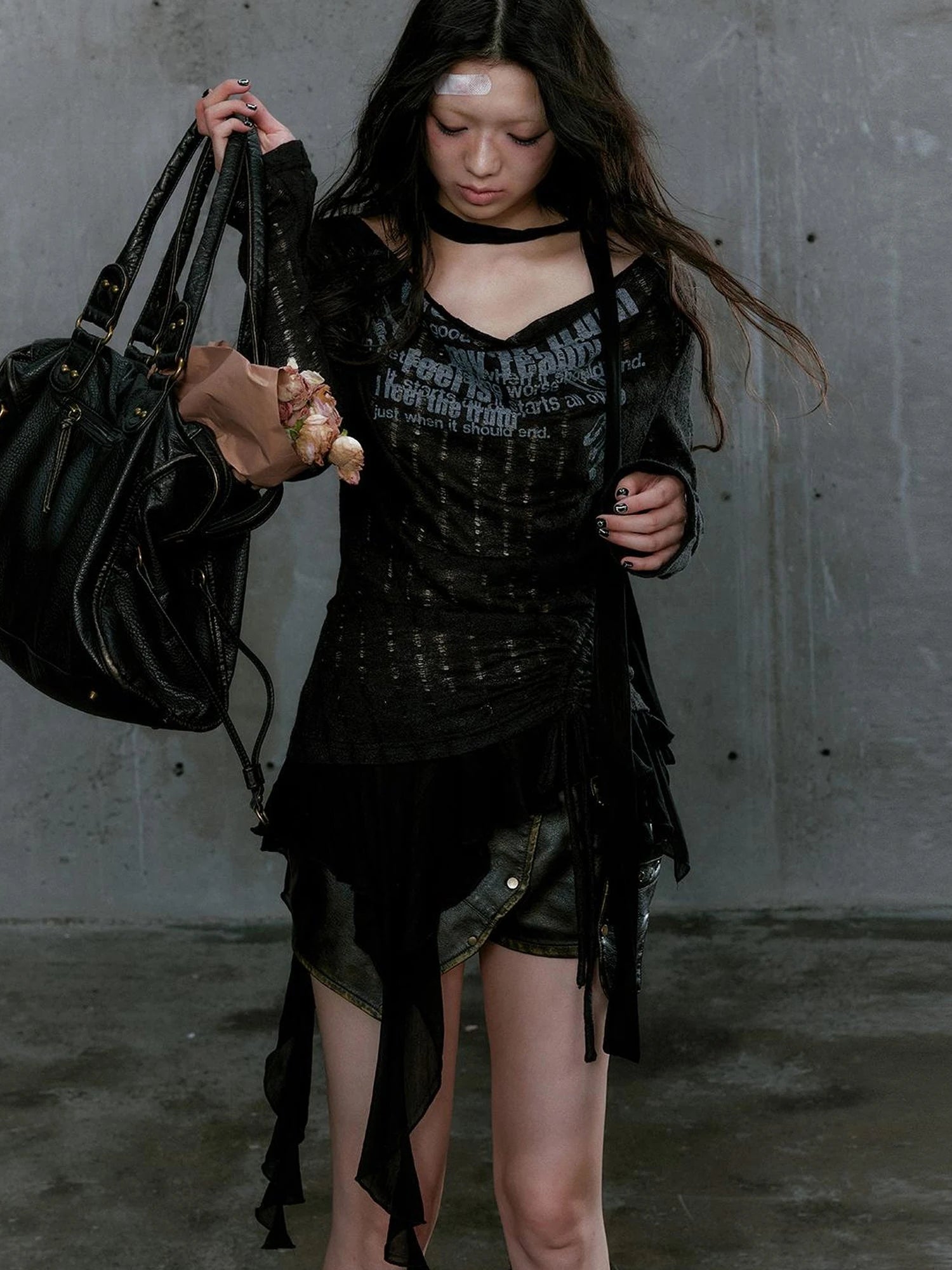 Graffiti Swing Collar Peplum Print Knit Top