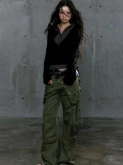 c Gray Green Contrast Pocket Cargo Pants Low Waist Military Style