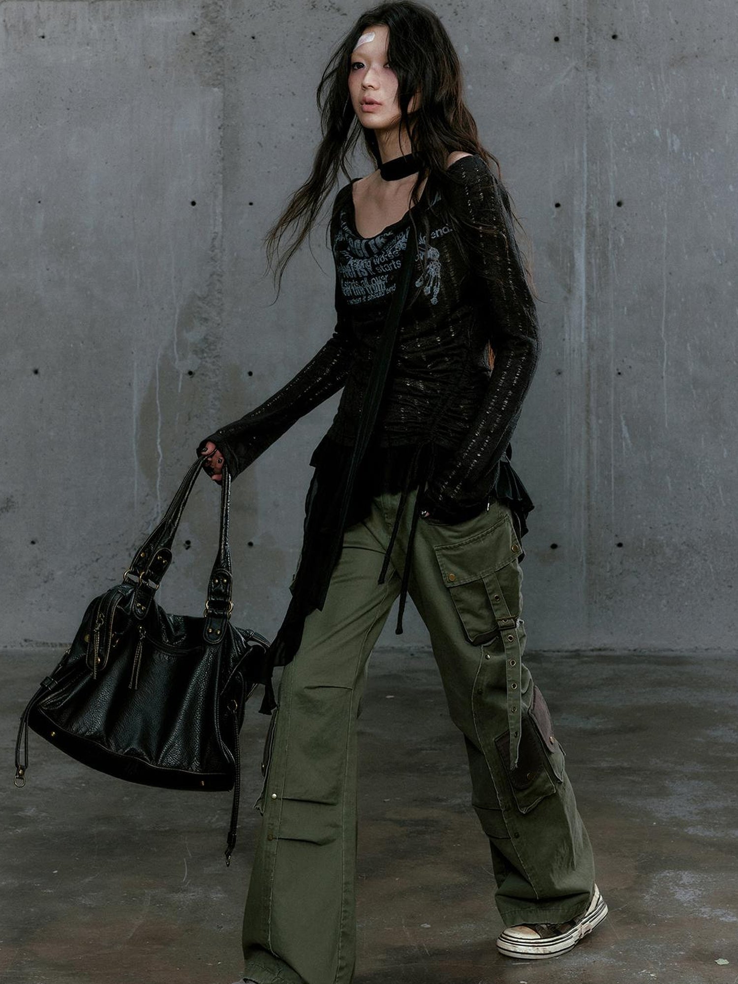 c Gray Green Contrast Pocket Cargo Pants Low Waist Military Style