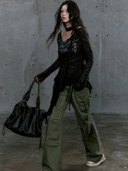 c Gray Green Contrast Pocket Cargo Pants Low Waist Military Style