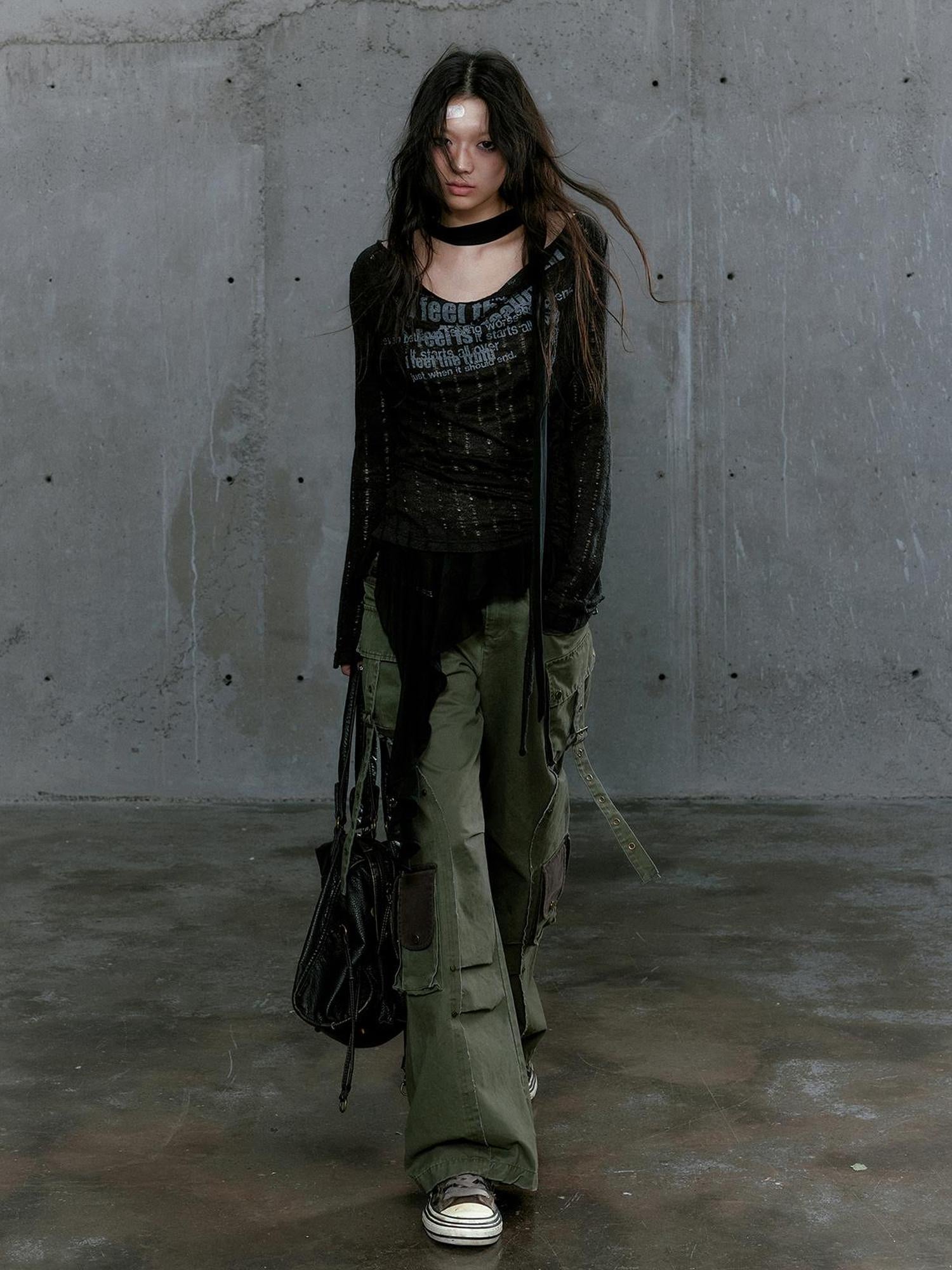 c Gray Green Contrast Pocket Cargo Pants Low Waist Military Style