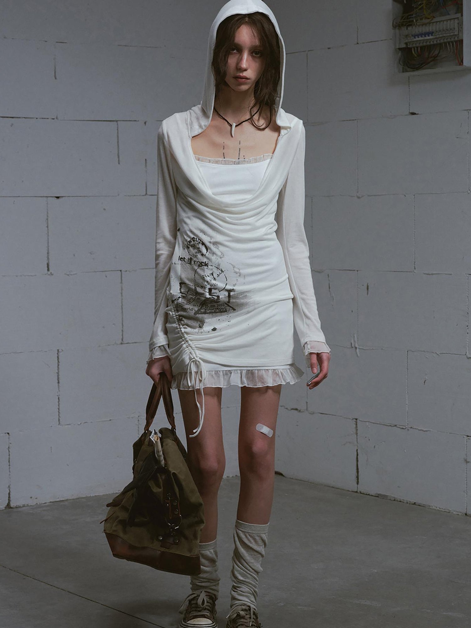 Update c Lace Up Hem Hooded Slip Dress With Punk Print