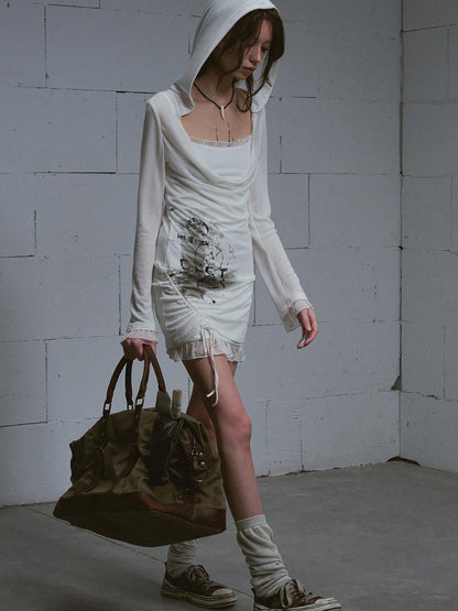 Update c Lace Up Hem Hooded Slip Dress With Punk Print