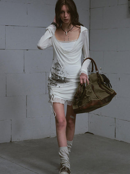 Update c Lace Up Hem Hooded Slip Dress With Punk Print