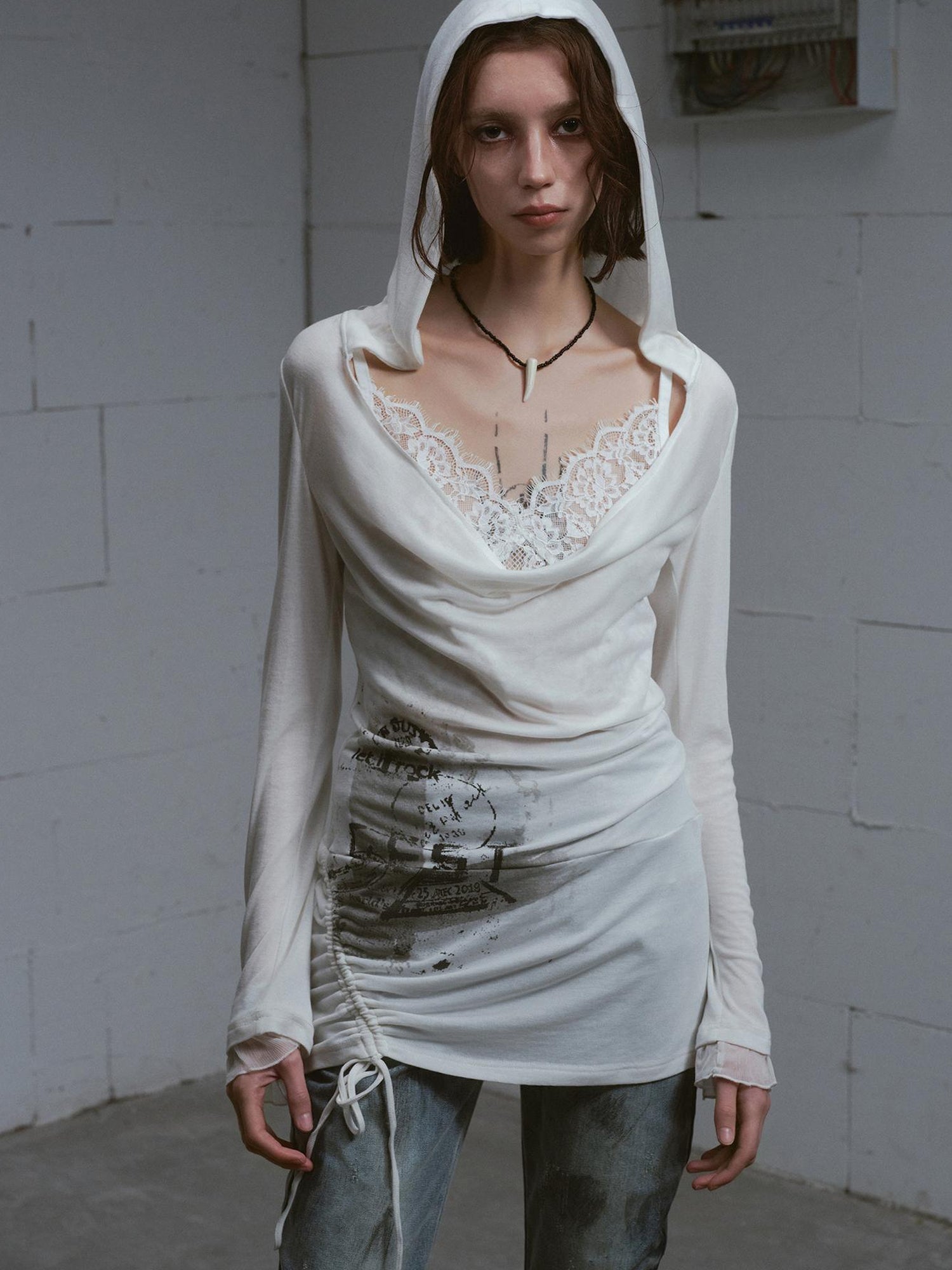 Update c Lace Up Hem Hooded Slip Dress With Punk Print