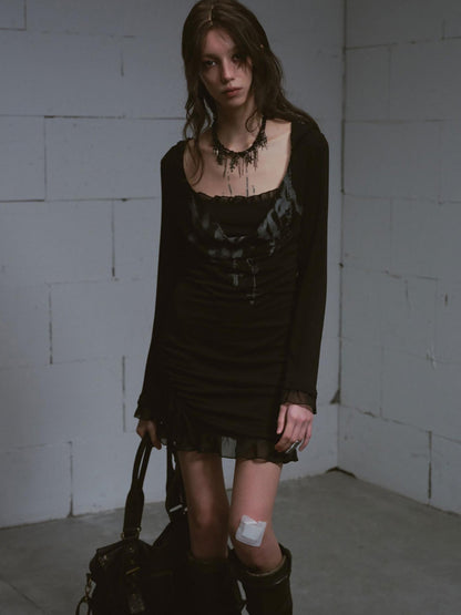 Update c Lace Up Hem Hooded Slip Dress With Punk Print