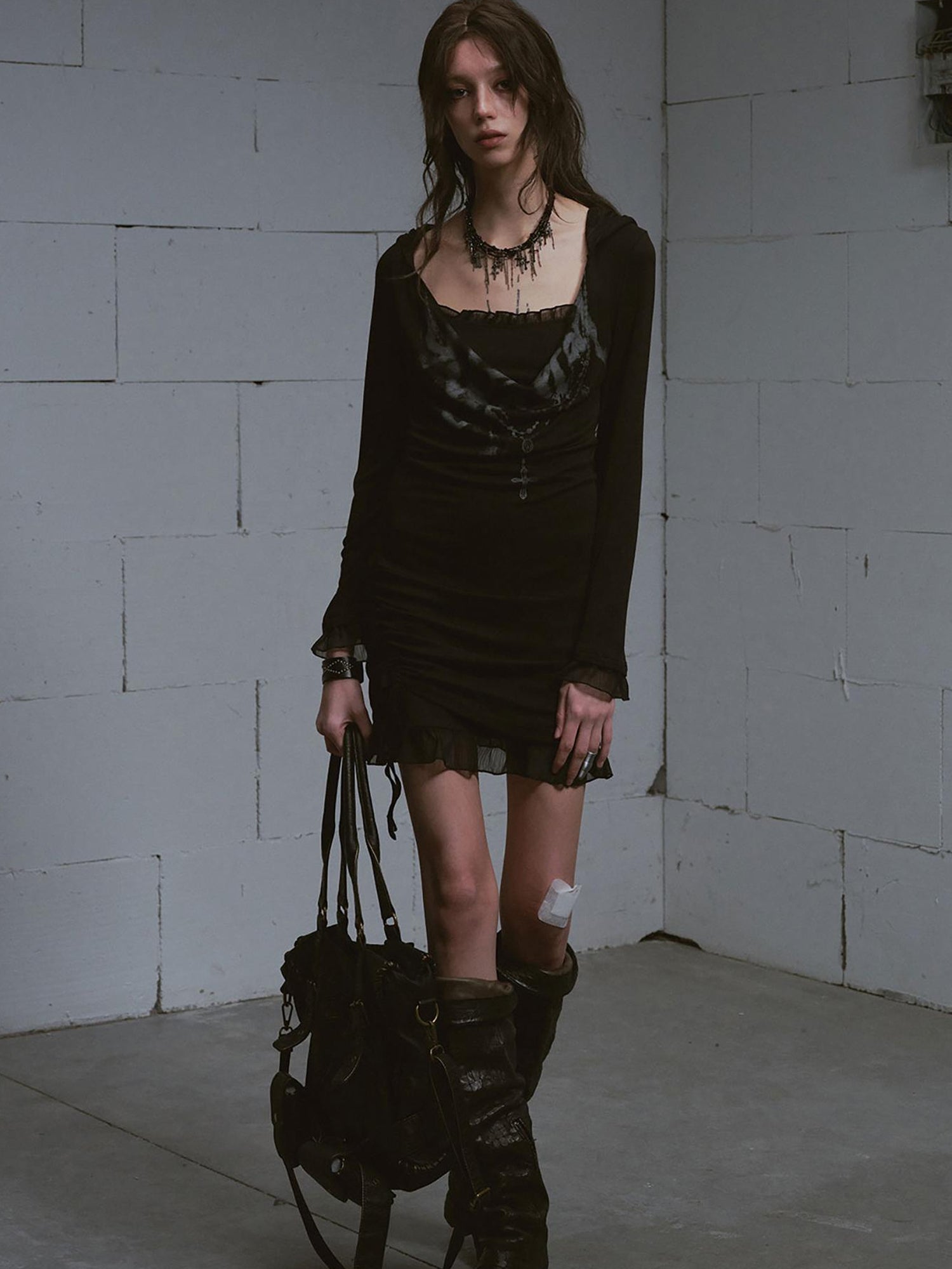 Update c Lace Up Hem Hooded Slip Dress With Punk Print