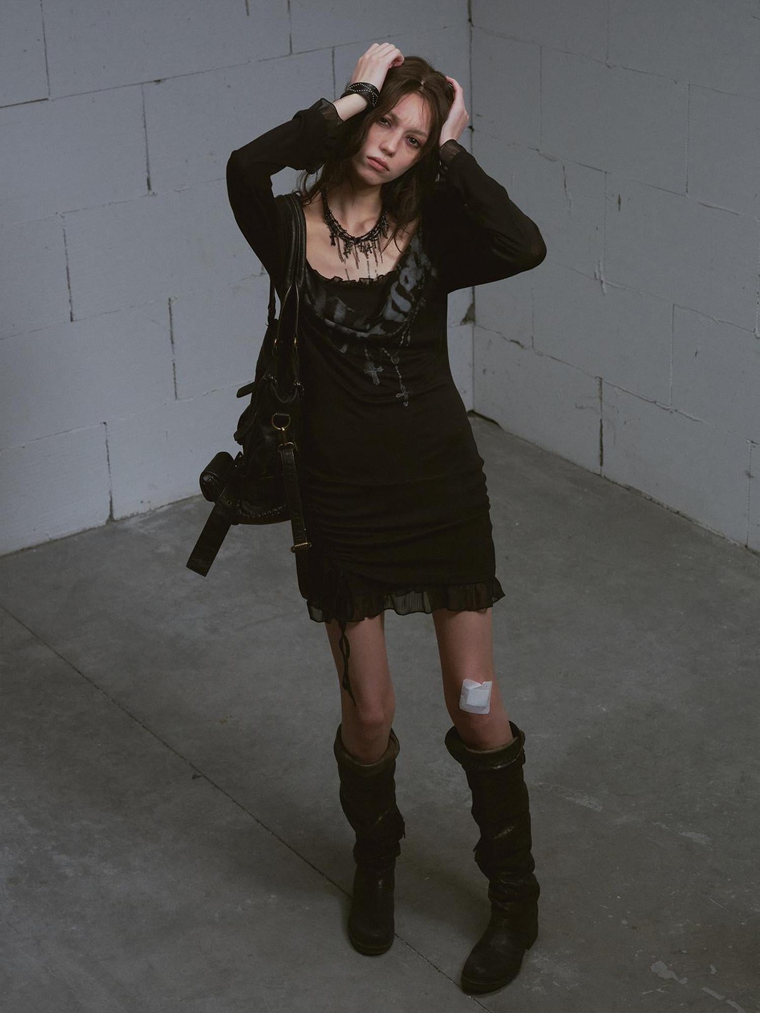 Update c Lace Up Hem Hooded Slip Dress With Punk Print