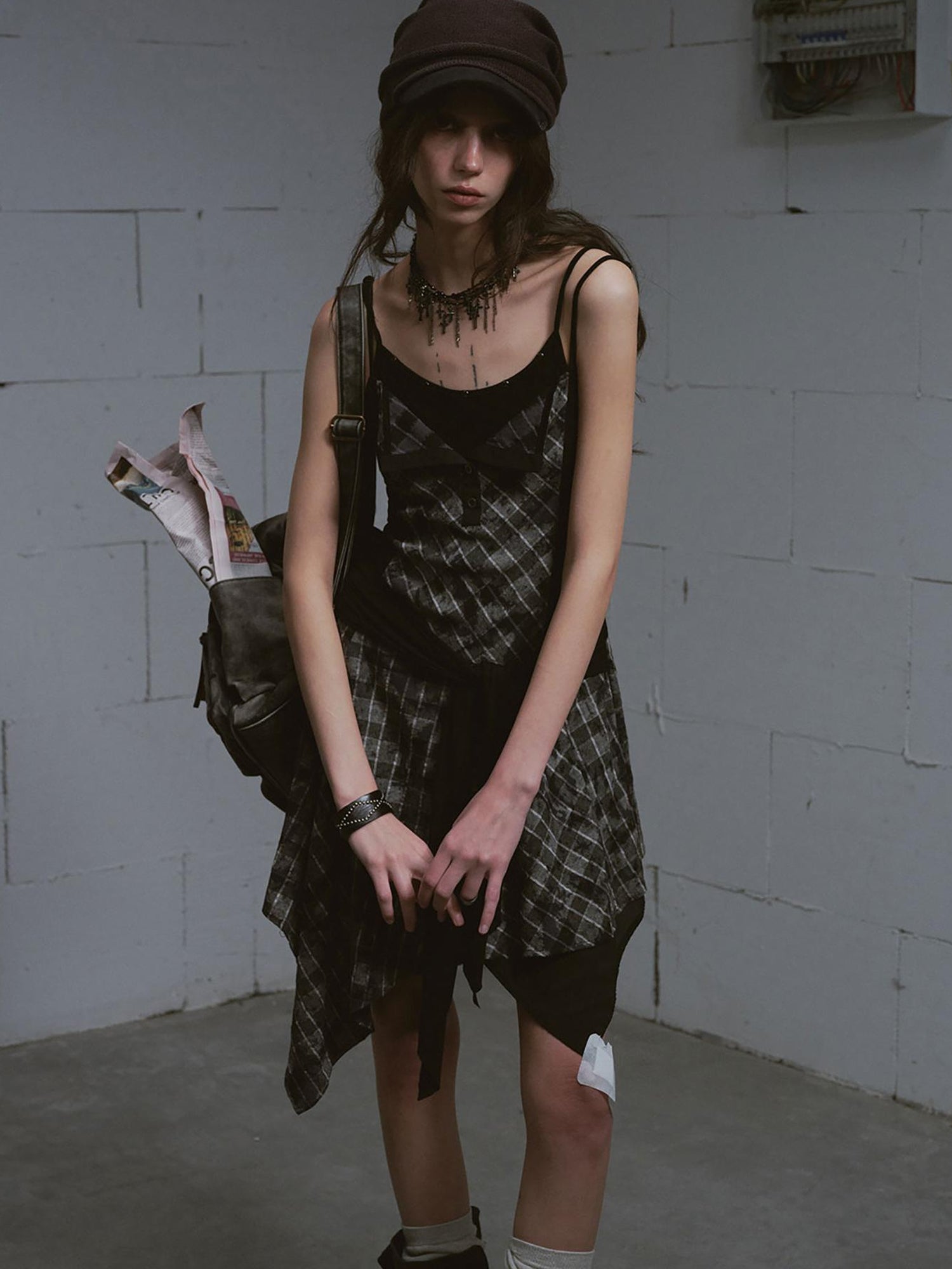 Update c Layered Black &amp; Gray Checkered Waist Defining Slip Dress