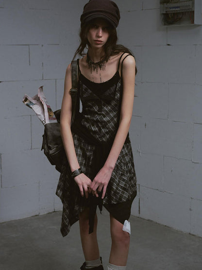 Update c Layered Black &amp; Gray Checkered Waist Defining Slip Dress