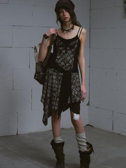 Update c Layered Black &amp; Gray Checkered Waist Defining Slip Dress