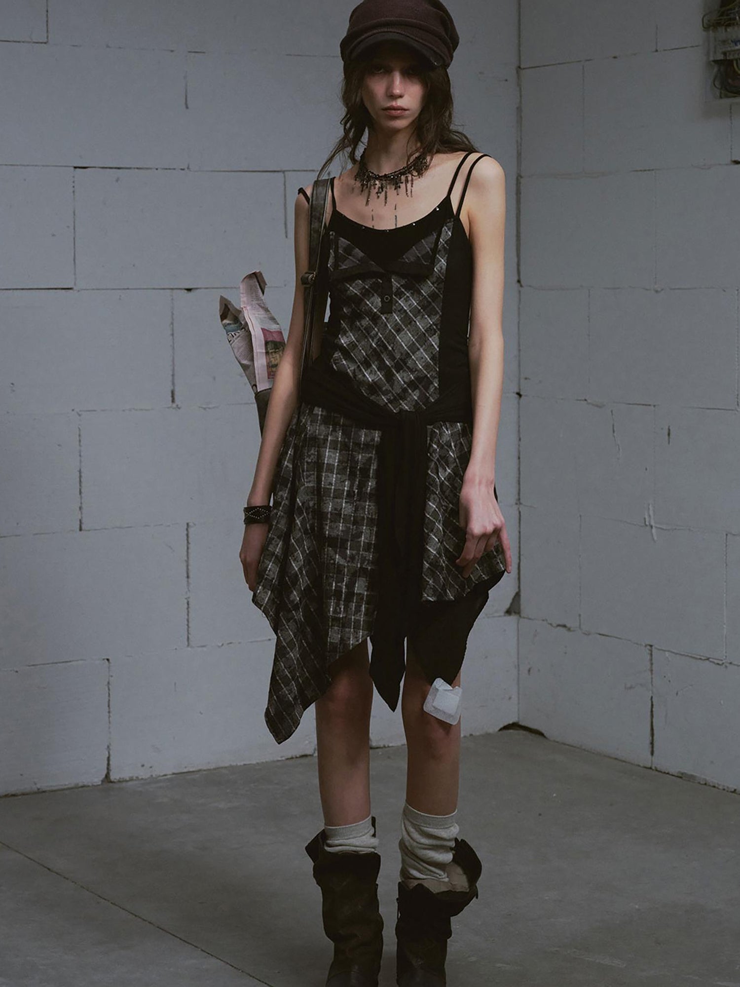 Update c Layered Black &amp; Gray Checkered Waist Defining Slip Dress