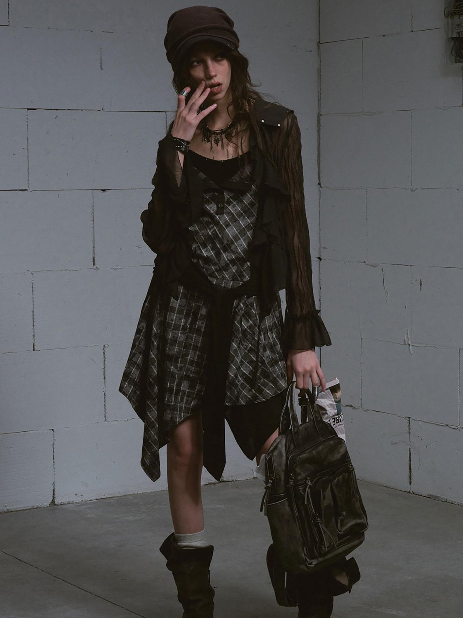 Update c Layered Black &amp; Gray Checkered Waist Defining Slip Dress