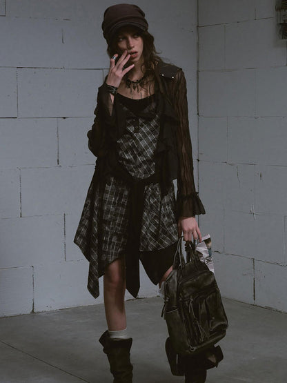 Update c Layered Black &amp; Gray Checkered Waist Defining Slip Dress
