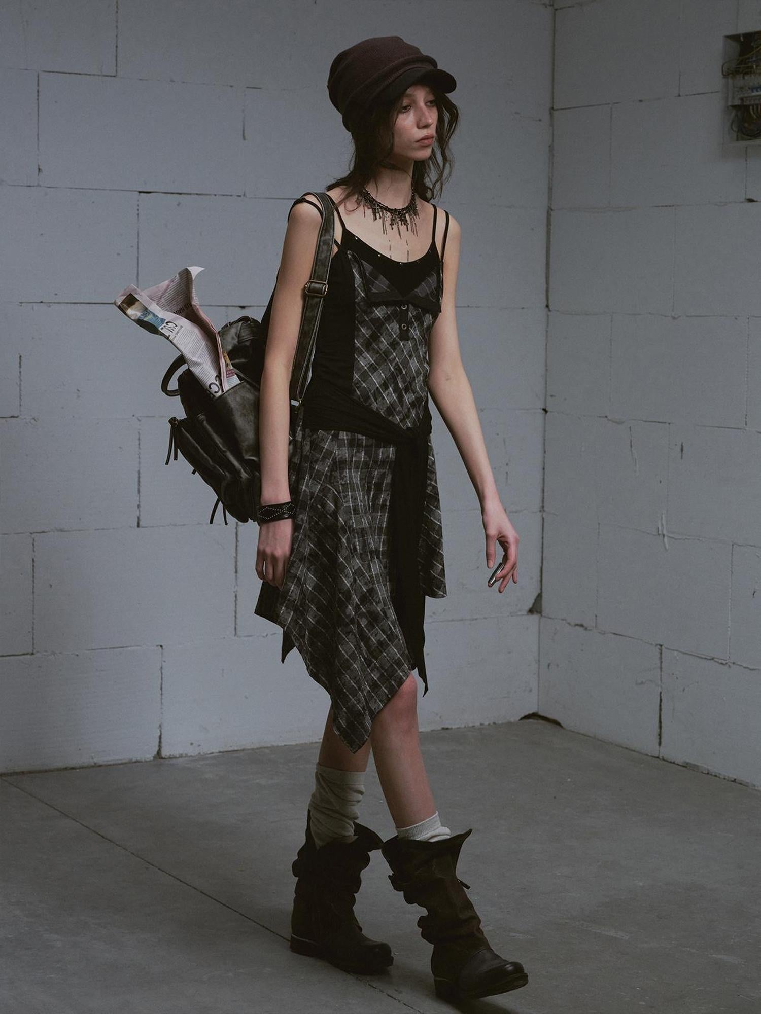 Update c Layered Black &amp; Gray Checkered Waist Defining Slip Dress