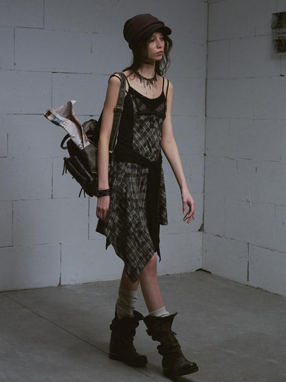 Update c Layered Black &amp; Gray Checkered Waist Defining Slip Dress