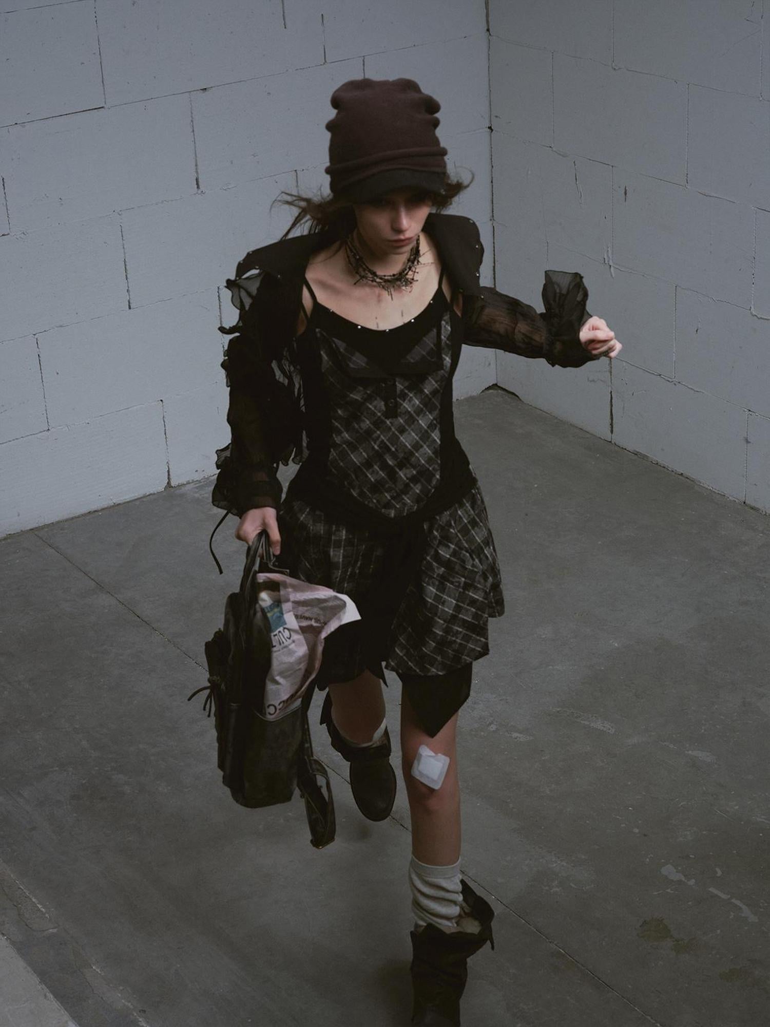 Update c Layered Black &amp; Gray Checkered Waist Defining Slip Dress