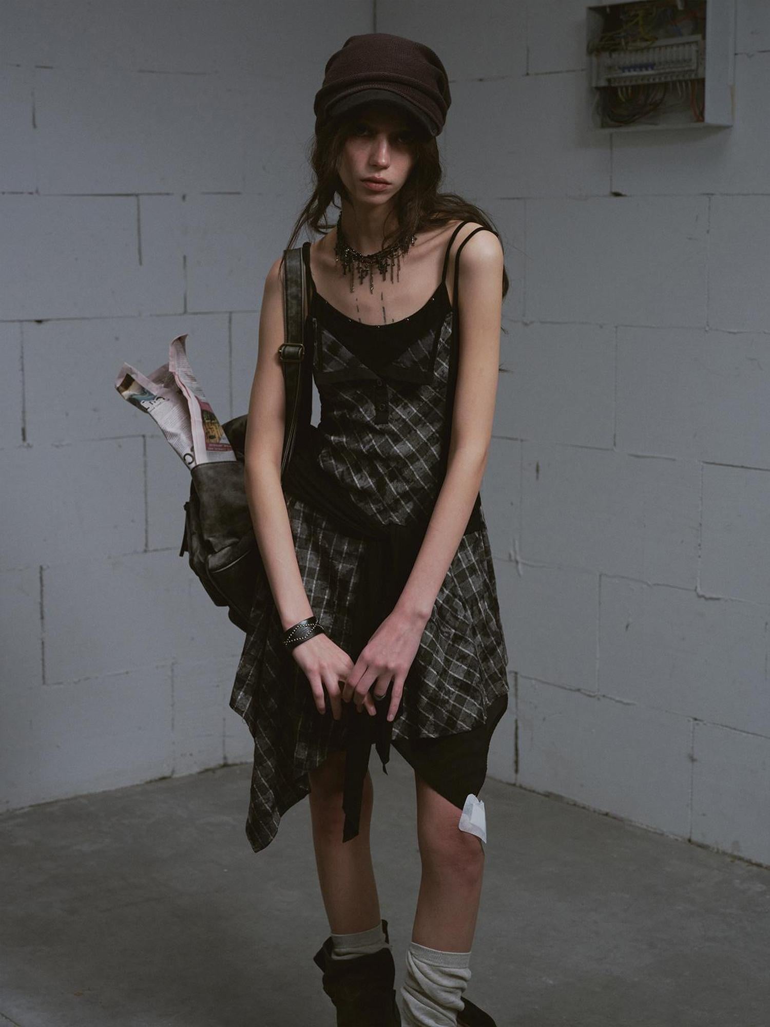 Update c Layered Black &amp; Gray Checkered Waist Defining Slip Dress