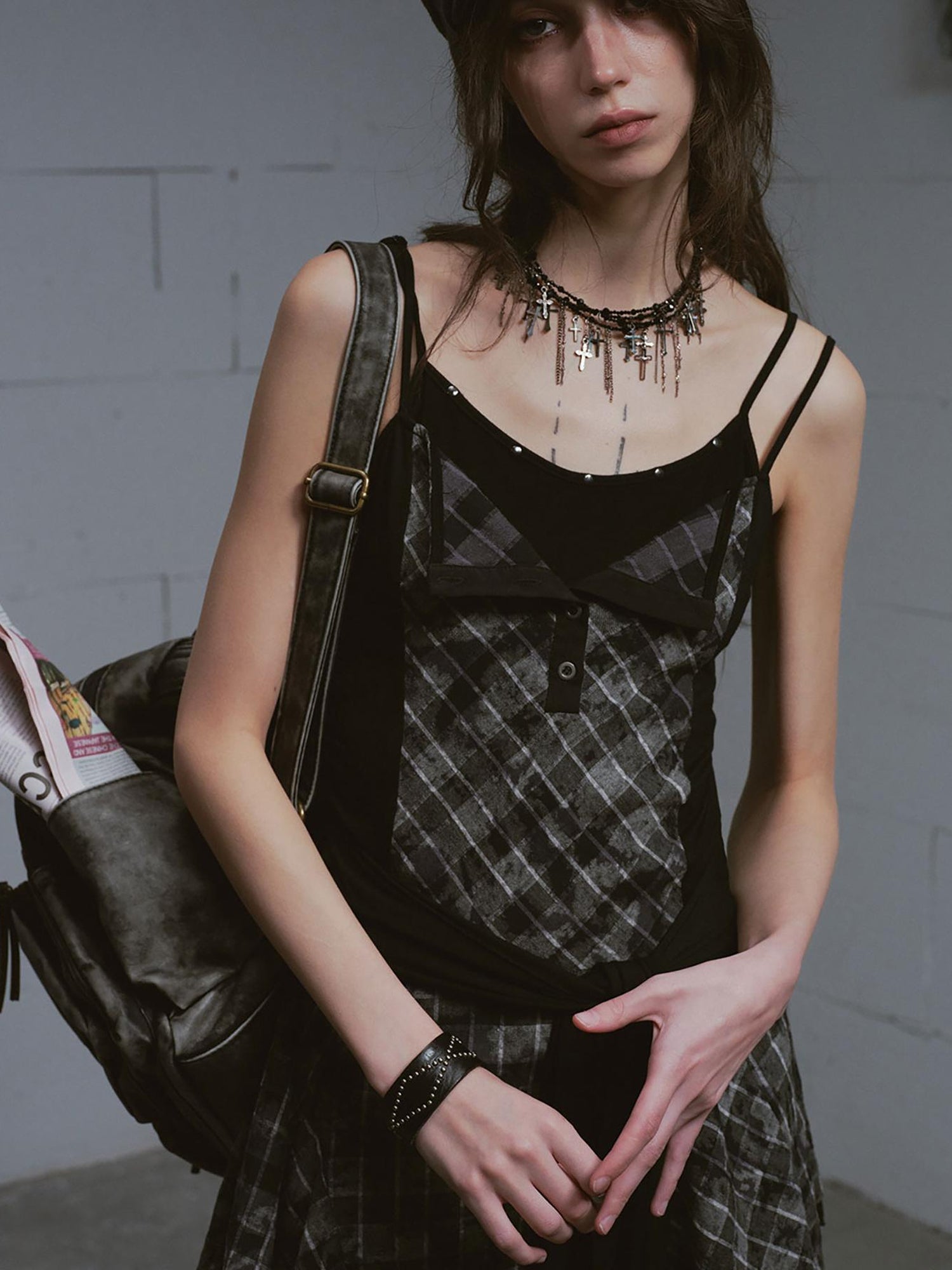 Update c Layered Black &amp; Gray Checkered Waist Defining Slip Dress