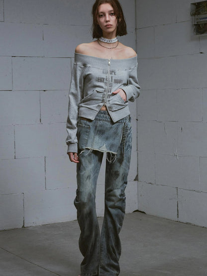 Lost Road Cut Out Print Shoulder Knit Sweatshirt