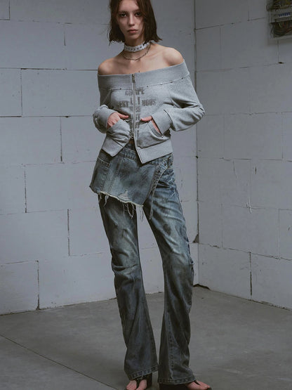 Lost Road Cut Out Print Shoulder Knit Sweatshirt