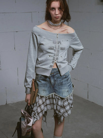 Lost Road Cut Out Print Shoulder Knit Sweatshirt