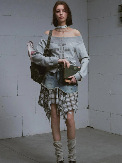 Lost Road Cut Out Print Shoulder Knit Sweatshirt