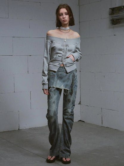 Lost Road Cut Out Print Shoulder Knit Sweatshirt