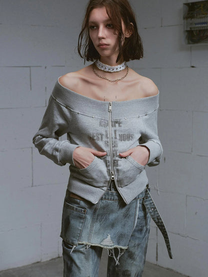 Lost Road Cut Out Print Shoulder Knit Sweatshirt