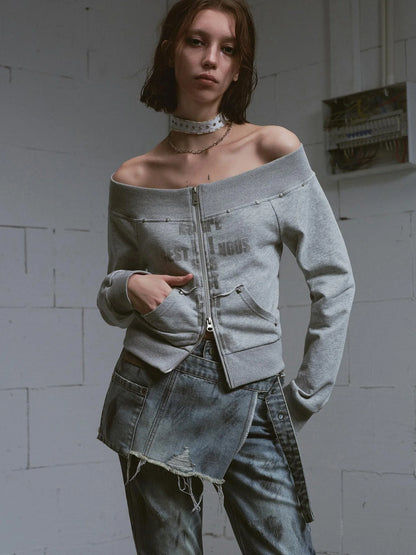 Lost Road Cut Out Print Shoulder Knit Sweatshirt