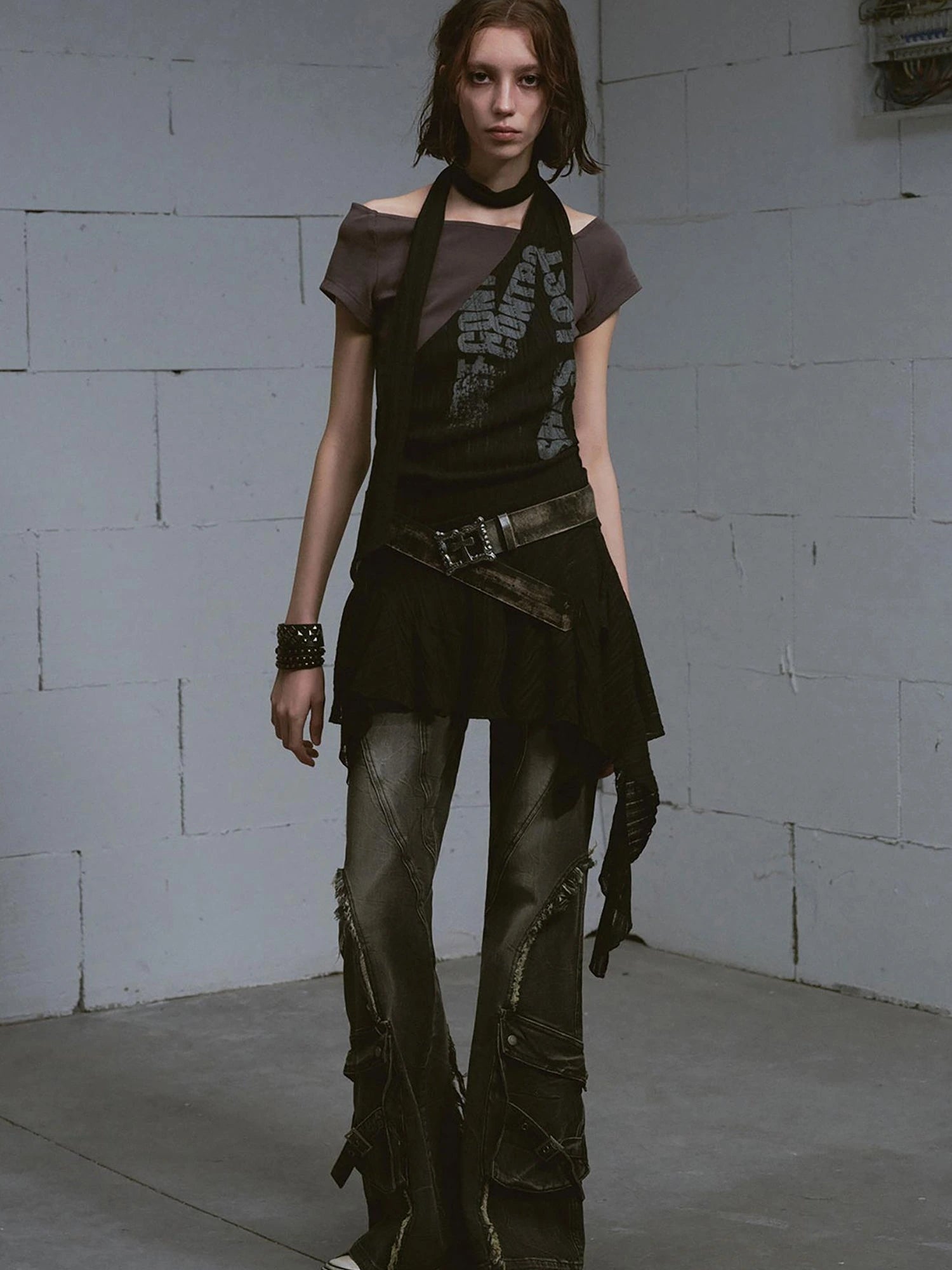 Lost Road Print Layered Dress With Scarf