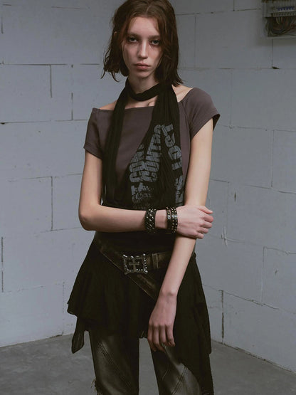 Lost Road Print Layered Dress With Scarf