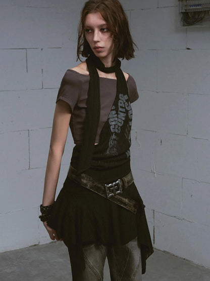 Lost Road Print Layered Dress With Scarf