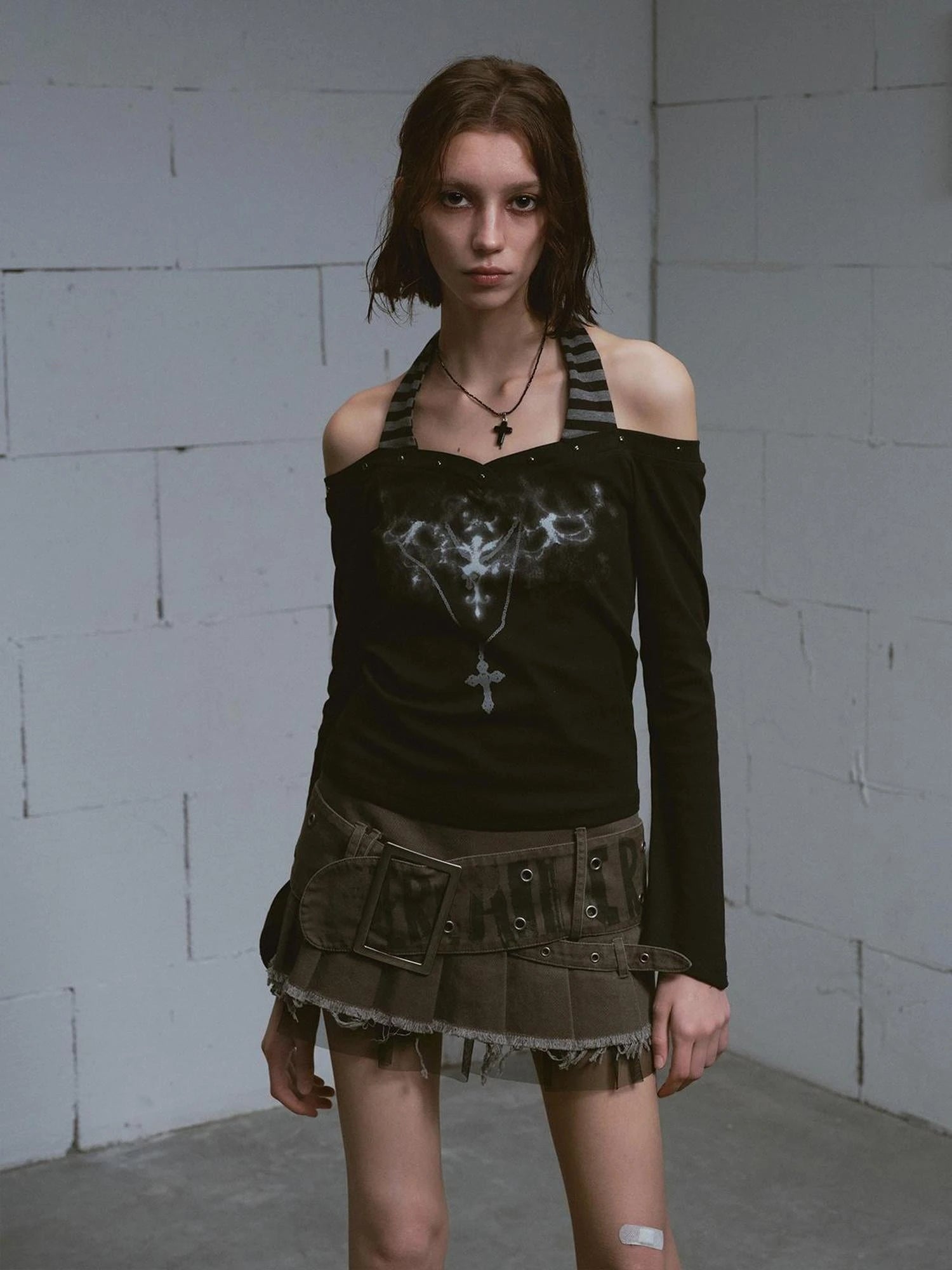 Lost Road Studded Punk Print Halter Top