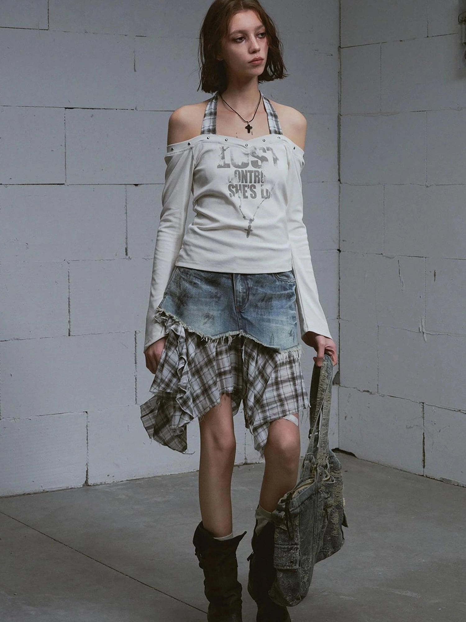 Lost Road Studded Punk Print Halter Top