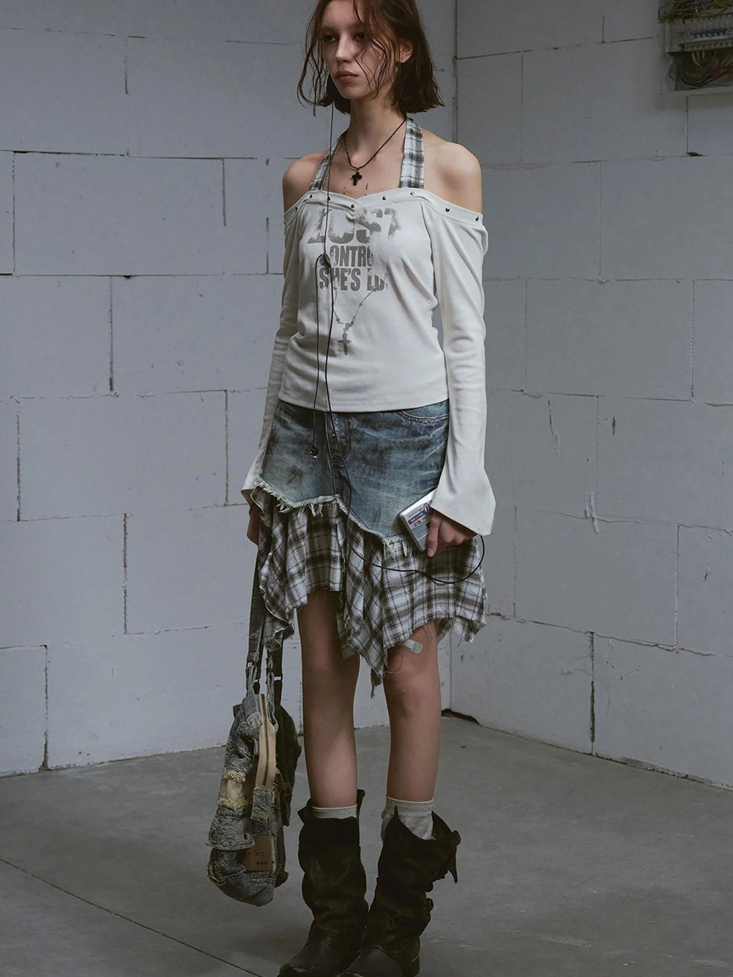 Lost Road Studded Punk Print Halter Top