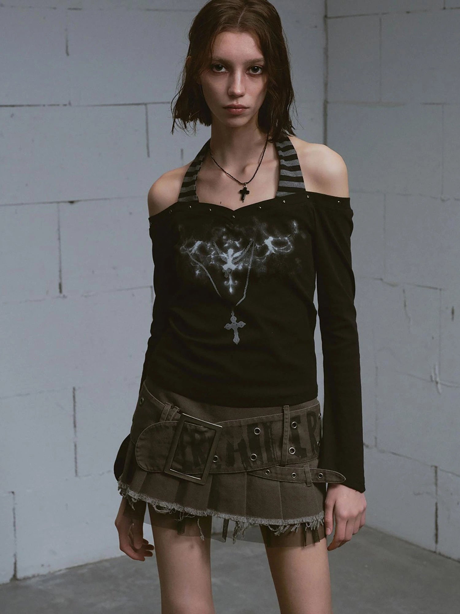 Lost Road Studded Punk Print Halter Top