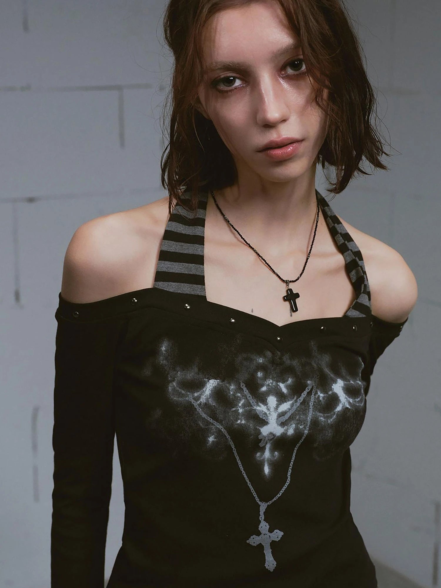 Lost Road Studded Punk Print Halter Top