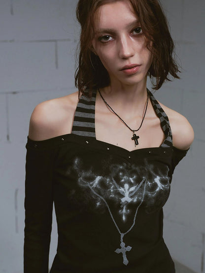 Lost Road Studded Punk Print Halter Top