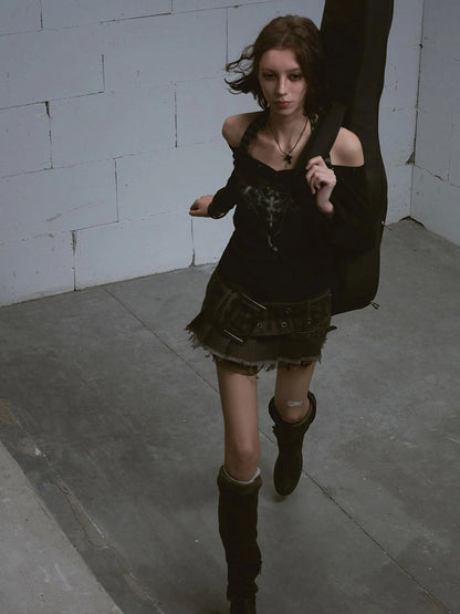 Lost Road Studded Punk Print Halter Top