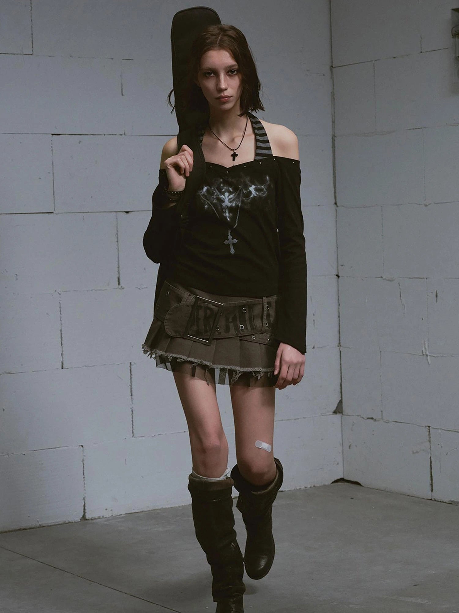 Lost Road Studded Punk Print Halter Top